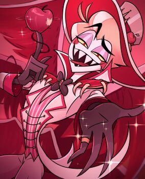  1boy black_bow black_bowtie black_gloves blonde_hair bow bowtie colored_skin commentary english_commentary food fruit gloves hat hazbin_hotel hellaverse highres holding holding_food holding_fruit jewelry looking_at_viewer lucifer_morningstar_(hazbin_hotel) open_mouth raised_eyebrow red_pupils ring sharp_teeth shoulder_pads sirell_sasakoi sitting sun_hat teeth thick_eyebrows tongue tongue_out wedding_ring white_hat white_skin yellow_eyes 