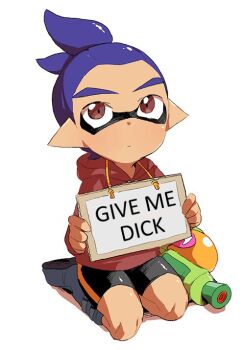  1boy blue_hair brown_eyes fake_translation full_body holding holding_sign inkling inkling_boy inkling_player_character male_focus mask nekobayashi_(nekoforest) nintendo pointy_ears shoes short_hair shorts sign sign_around_neck simple_background sitting sneakers solo splatoon_(series) splattershot_(splatoon) tentacle_hair tentacles text_focus 