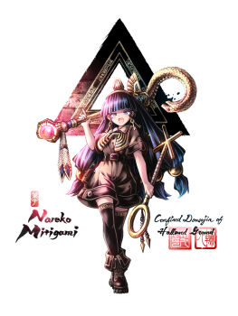  1girl absurdres ankh belt black_thighhighs blue_eyes blue_hair blunt_bangs boots brown_shirt brown_shorts calligraphy_brush_(medium) character_name collared_shirt earrings english_text facial_mark glowing_staff hair_ornament highres holding jewelry key_earrings link163353 long_hair looking_down michigami_nareko ornate pocket purple_hair shirt short_sleeves shorts smile solo sphere_hair_ornament staff thighhighs touhou triangle triangle_background triangle_facial_mark 