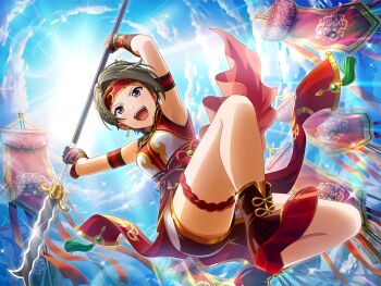  1girl arms_up banner braid brown_shoes chinese_clothes cosplay earrings from_below game_cg grey_hair headband holding holding_polearm holding_weapon jewelry looking_at_viewer midair minase_suzu official_art open_mouth polearm purple_eyes red_headband romance_of_the_three_kingdoms shoes short_hair shoujo_kageki_revue_starlight shoujo_kageki_revue_starlight_-re_live- side_braid snake_tongue_(polearm) solo thigh_strap v-shaped_eyebrows weapon zhang_fei_(romance_of_the_three_kingdoms) zhang_fei_(romance_of_the_three_kingdoms)_(cosplay) 