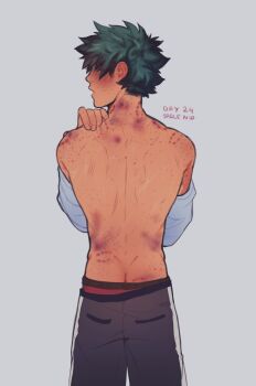  1boy aftersex back bite_mark bite_mark_on_ass bite_mark_on_neck bite_mark_on_shoulder blush body_freckles boku_no_hero_academia butt_crack freckles from_behind green_hair grey_background hickey highres male_focus male_underwear male_underwear_peek midoriya_izuku pants partially_undressed short_hair solo spacenipnops topless_male underwear 