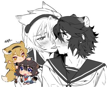  2girls animal_ears biting black_hairband blonde_hair blue_eyes blush brown_hair closed_mouth commentary fox_ears fox_girl fox_tail glasses hairband hashtag-only_commentary head_biting highres jiguang_haibao kemonomimi_mode koishikawa_iko long_hair momijiyama_teru multiple_girls partially_colored school_uniform serafuku short_hair shy_(series) simple_background sweat tail tongue tongue_out white_background yellow_eyes yuri 