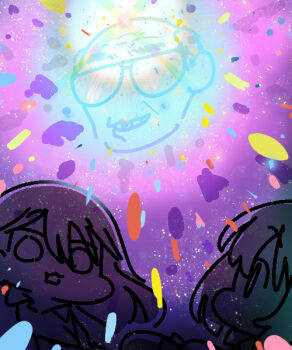  1boy 2girls amate_yuzuriha bald glasses gundam gundam_gquuuuuux hair_between_eyes jazz_jack lens_flare long_hair looking_at_another multiple_girls nyaan_(gundam_gquuuuuux) real_life sparkle_background tagme tomino_yoshiyuki 