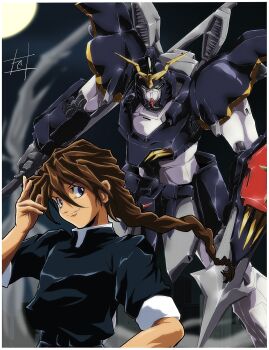  1990s_(style) 1boy absurdres beam_scythe black_hair blue_eyes braid brown_hair commentary_request duo_maxwell green_eyes gundam gundam_deathscythe gundam_wing highres holding holding_scythe holding_weapon long_hair looking_at_viewer male_focus mecha mobile_suit retro_artstyle robot science_fiction scythe shirt short_hair sind_ngmhn28 single_braid smile solo v-fin weapon 