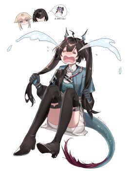  3girls =_= absurdres animal_ears aqua_horns arknights arknights:_endfield artist_name bird_ears bird_girl black_boots black_mask blunt_bangs blush_stickers boots ch'en_(arknights) chinese_commentary commentary_request crying dragon_horns dragon_tail endministrator_(arknights) english_text eye_mask female_endministrator_(arknights) frieren's_three-day_tantrum grabbing_own_hair highres hill_chuchu holding holding_own_hair horns jitome knees_to_chest mask multiple_girls open_mouth perlica_(arknights) pleated_skirt red_horns shorts shorts_under_skirt simple_background sitting skirt smile speech_bubble streaming_tears tail tears thigh_boots thought_bubble twitter_username white_background white_shorts white_skirt 