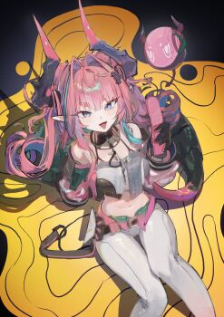  1girl absurdres arknights arknights:_endfield bare_shoulders black_gloves blue_eyes crop_top detached_sleeves dragon_girl dragon_tail gloves hair_intakes highres holding holding_phone long_hair looking_at_viewer multicolored_hair on_ground pants phone pink_hair pointy_ears solo streaked_hair tail tight_clothes tight_pants toga_(toganawa) white_pants yvonne_(arknights) 