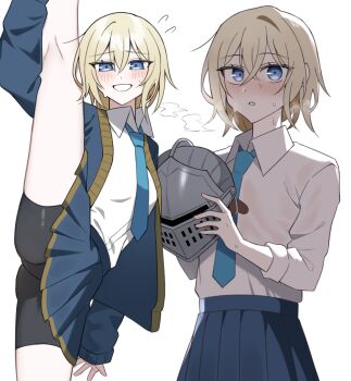  1girl absurdres anri_of_astora bike_shorts bike_shorts_under_skirt blonde_hair blue_eyes blue_jacket blue_necktie blue_skirt collared_shirt commentary_request dark_souls_(series) dark_souls_iii flying_sweatdrops grin helm helmet highres holding holding_unworn_helmet idzuki_kenkyu-in jacket long_sleeves miniskirt multiple_views necktie open_clothes open_jacket school_uniform shirt shirt_tucked_in short_hair simple_background skirt smile split standing standing_on_one_leg standing_split sweat unworn_headwear unworn_helmet wet wet_clothes wet_shirt white_background white_shirt 