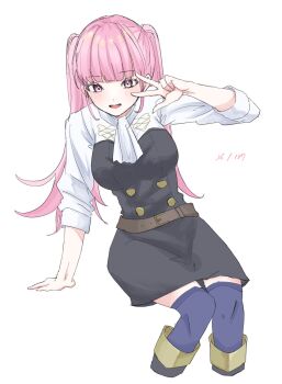  1girl ascot belt black_thighhighs blue_thighhighs blush breasts brown_belt buttons fire_emblem fire_emblem:_three_houses garreg_mach_monastery_uniform highres hilda_valentine_goneril invisible_chair large_breasts long_hair long_sleeves looking_at_viewer nintendo open_mouth pink_eyes pink_hair sayaka_(fe_uma274) simple_background sitting smile solo thighhighs thighs twintails very_long_hair w white_ascot yellow_belt 