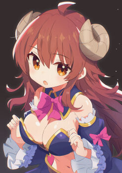  1girl :o absurdres ahoge armor bikini_armor black201_wav black_background blue_sleeves blush bow bowtie breasts brown_hair brown_horns cleavage commentary crisis_management_form_(machikado_mazoku) curled_horns demon_girl demon_horns detached_collar detached_sleeves fang frilled_sleeves frills hair_between_eyes highres horns juliet_sleeves large_breasts long_hair long_sleeves looking_at_viewer machikado_mazoku navel open_mouth orange_eyes pink_bow pink_bowtie puffy_sleeves skin_fang sleeve_bow solo upper_body yoshida_yuuko 