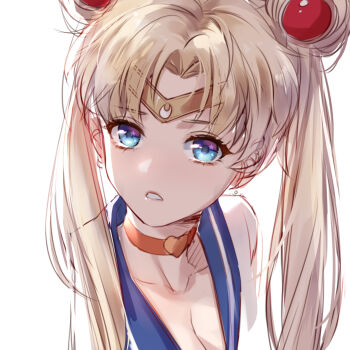  1girl ajio_(pixiv7718798) bishoujo_senshi_sailor_moon blonde_hair blue_eyes blue_sailor_collar breasts choker circlet cleavage collarbone commentary crescent cropped_shoulders derivative_work double_bun earrings expressionless eyelashes gold_circlet hair_bun hair_ornament hair_over_shoulder heart heart_choker jewelry leotard lips long_hair magical_girl meme parted_lips red_choker sailor_collar sailor_moon sailor_moon_redraw_challenge_(meme) simple_background solo star_(symbol) star_in_eye symbol_in_eye teeth tsukino_usagi twintails very_long_hair white_background white_leotard 