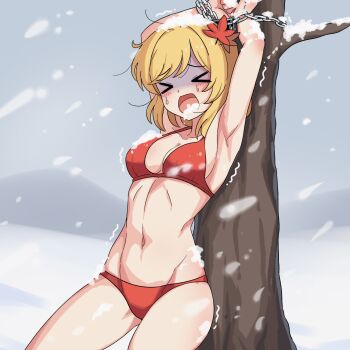  >:) 1girl aki_shizuha bikini blonde_hair breasts cleavage closed_eyes cold commentary ehehe52921343 hair_ornament highres leaf_hair_ornament open_mouth outdoors red_bikini restrained snowing solo swimsuit touhou tree v-shaped_eyebrows 