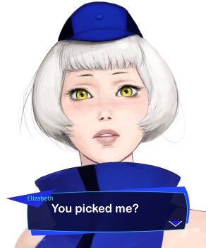  1girl absurdres blue_hat blush bob_cut commentary dialogue_box elizabeth_(persona) english_commentary hat highres kurebitz lips looking_at_viewer persona persona_3 portrait short_hair simple_background sleeveless solo surprised white_background yellow_eyes 
