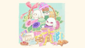  1girl 2boys absurdres artist_request basket bow broken_egg brown_hat colored_sclera commentary cookie crumbs doukutsu_monogatari easter egg eggshell english_commentary floppy_ears flower flower_request food furry furry_female furry_male goggles green-framed_eyewear green_vest happy_easter hat heart heart_print highres holding holding_egg in_basket in_container jack_(cave_story) king_(cave_story) leaf letter looking_at_viewer mimiga mini_person multiple_boys no_humans official_art open_mouth padded_vest pink_bow pink_flower pink_ribbon purple_flower purple_sleeves rectangular_eyewear red_eyes red_sclera ribbon scar scar_on_face second-party_source simple_background smile square star-shaped_cookie star-shaped_food star_(symbol) thumbprint_cookie toroko vest white_fur yellow_background 