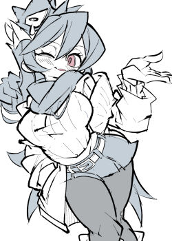 1girl alternate_costume belt cxdotchison facing_viewer filia_(skullgirls) hand_up jacket leggings looking_at_viewer one_eye_closed open_mouth red_eyes samson_(skullgirls) scarf skirt skullgirls smile solo sweater turtleneck turtleneck_sweater