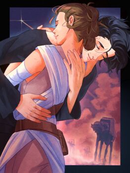  1boy 1girl arm_around_back bandaged_arm bandages belt black_border black_hair black_shirt border brown_belt brown_hair brown_pants closed_eyes couple droid emi-bianchi grey_shirt hair_bun hetero highres hug kylo_ren pants rey_(star_wars) shirt short_hair sidelocks smile smoke star_wars triple_bun tunic twintails updo upper_body white_tunic 