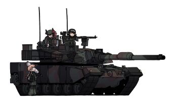 1other 3girls black_hair braid braided_ponytail brown_hair browning_m2 closed_mouth combat_helmet commentary demon_girl demon_horns elf english_commentary expressionless full_body goggles goggles_on_headwear gun heavy_machine_gun helmet highres holding_tank_shell horns k1_(tank) karepack long_hair looking_at_another looking_at_viewer m60_(machine_gun) machine_gun military military_combat_uniform military_uniform military_vehicle motor_vehicle multiple_girls open_mouth original pointy_ears red_hair republic_of_korea_army simple_background standing tank upper_body weapon white_background