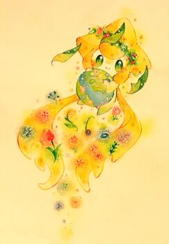  closed_mouth commentary_request earth_(planet) flower full_body gen_3_pokemon green_eyes head_wreath highres jirachi legendary_pokemon lily_(flower) mythical_pokemon nintendo no_humans pink_flower planet pokemon pokemon_(creature) purple_flower red_flower simple_background smile solo tanzaku traditional_media tulip watercolor_pencil_(medium) yukichi_0611 