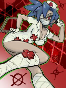  1girl black_choker blue_hair boots breasts choker cleavage commentary cross english_commentary green_outline hacksaw hat highres holding_saw large_breasts looking_at_viewer mask mouth_mask nurse nurse_cap outline plushvampy ponytail red_background red_cross red_eyes saw shirt short_sleeves skullgirls solo surgical_mask valentine_(skullgirls) white_boots white_shirt 