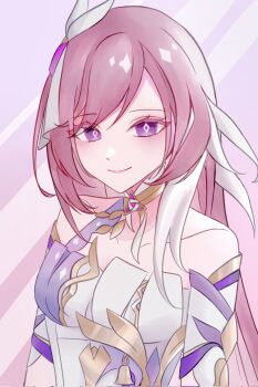  1girl bad_id bad_twitter_id bare_shoulders breasts corrupted_twitter_file corset diamond-shaped_pupils diamond_(shape) elysia_(herrscher_of_human:_ego)_(honkai_impact) elysia_(honkai_impact) hair_ornament highres honkai_(series) honkai_impact_3rd kay0127 large_breasts long_hair looking_at_viewer multicolored_hair pink_hair purple_eyes smile solo symbol-shaped_pupils triquetra two-tone_hair very_long_hair white_corset white_hair 