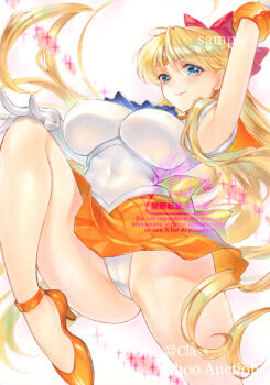  1girl aino_minako arm_up armpits at_classics back_bow bare_legs bishoujo_senshi_sailor_moon blonde_hair blue_bow blue_eyes bow circlet closed_mouth commentary_request earrings elbow_gloves gloves hair_bow jewelry leg_lift leotard light_smile long_hair looking_at_viewer magical_girl marker_(medium) miniskirt orange_sailor_collar orange_shoes orange_skirt red_bow sailor_collar sailor_senshi_uniform sailor_venus sample_watermark shiny_skin shoes skirt solo stud_earrings traditional_media upskirt watermark white_gloves white_leotard yellow_bow 