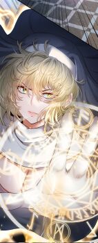  1girl blonde_hair breasts cleavage closed_mouth etidekailo gloves glowing habit hair_between_eyes highres large_breasts looking_at_viewer magic magic_circle nun serious short_hair solo upper_body white_gloves yellow_eyes 