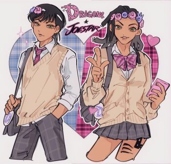 1boy 1girl aged_down black_hair cellphone character_name commentary dark-skinned_female dark_skin dragona_joestar dreadlocks dual_persona gender_transitioning green_eyes hand_in_pocket head_wreath jojo_no_kimyou_na_bouken leg_tattoo miniskirt naru_tomaki necktie phone school_uniform skirt smartphone sweater_vest untranslatable_commentary tattoo the_jojolands v