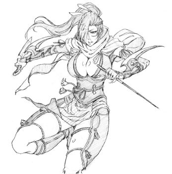  1girl braid breasts cleavage crown_braid dual_wielding fire_emblem fire_emblem_fates floating_hair gloves hair_over_one_eye holding holding_kunai holding_sword holding_weapon kagero_(fire_emblem) kunai large_breasts long_hair looking_at_viewer ninja nintendo parted_bangs ponytail rakusakugk scarf short_sword simple_background sketch solo swept_bangs sword tantou upper_body weapon white_background 