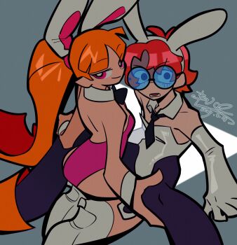  1boy 1girl 2025 animal_ear_hairband animal_ears assertive_female bare_shoulders black_bow black_bowtie black_necktie black_pantyhose blossom_(ppg) blue-tinted_eyewear blush boots bow bowtie breasts closed_mouth commentary crossdressing crossdressing_(mtf) dated detached_collar dexter's_laboratory dexter_(dexter's_laboratory) elbow_gloves fake_animal_ears glasses gloves grey_background hairband hetero highres kneeling leotard long_hair medium_breasts necktie open_mouth orange_boots orange_hair pantyhose parted_bangs pink_eyes pink_leotard ponytail powerpuff_girls rabbit_ear_hairband rabbit_ears red_hair round_eyewear shoes short_hair signature smile spreading_another's_thighs tinted_eyewear untranslatable_commentary white_gloves white_leotard white_shoes white_wrist_cuffs wrist_cuffs xxlcarolbud  rating:Sensitive score:1 user:danbooru