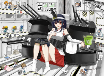  10s 15.2cm_twin_gun_mount 35.6cm_twin_gun_mount_fairy 5inasada 6+girls bad_id bad_pixiv_id batsubyou black_hair box breasts bucket cardboard_box cat crane_(machine) door error_musume fairy_(kancolle) floral_print girl_holding_a_cat_(kancolle) hair_ornament headband helmet_musume_(kancolle) highres japanese_clothes kantai_collection kneeling_girl_(kancolle) large_breasts maintenance_musume_(kancolle) majokko_(kancolle) mini_person minigirl miniskirt multiple_girls nontraditional_miko panties pantyshot pleated_skirt red_eyes rigging ship_turret short_hair sign sitting skirt socks type_1_ap_shell type_3_active_sonar type_a_kou-hyouteki underwear warning_sign yamashiro_(kancolle) yamashiro_kai_ni_(kancolle) 