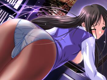  1girl 2000s_(style) bent_over black_hair black_pantyhose blue_skirt blue_vest blush breasts clothes_lift cowboy_shot from_behind game_cg green_eyes half-closed_eye indoors kawahara_emi long_hair long_sidelocks looking_back m&amp;m_(mickey_and_mackey) medium_breasts night nipples one_eye_closed open_clothes open_shirt open_vest panties panties_under_pantyhose pantyhose pencil_skirt photocopier poster_(object) raised_inner_eyebrows saishu_chikan_densha_(series) saishuu_chikan_densha shirt sidelocks skirt skirt_lift solo standing sweat third-party_source underwear variant_set vest white_panties white_shirt 