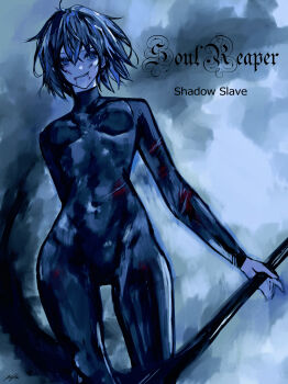  1girl absurdres arm_behind_back black_bodysuit black_hair blood blood_from_mouth blue_eyes blue_theme bodysuit breasts commentary contrapposto copyright_name english_commentary feet_out_of_frame grin highres holding holding_scythe jet_(shadow_slave) kyta_5 scythe shadow_slave short_hair smile solo 