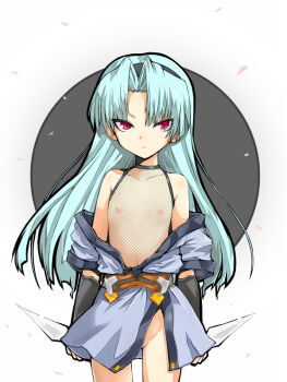  1girl 797 alice_soft bad_id bad_pixiv_id dagger dual_wielding expressionless female_focus fishnet_top fishnets flat_chest green_hair hairband holding knife loli long_hair nipples no_bra no_panties parted_bangs rance_(series) red_eyes sengoku_rance shinobu_(rance) solo weapon  rating:Explicit score:87 user:danbooru