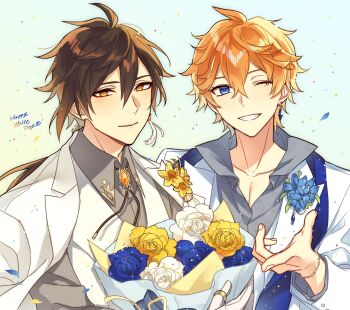  2boys ahoge blue_eyes blush bouquet brown_hair collared_shirt flower formal_clothes genshin_impact gradient_hair grin hair_between_eyes happy_white_day holding holding_bouquet kokotendon long_hair male_focus multicolored_hair multiple_boys one_eye_closed pointing pointing_at_viewer ponytail shirt short_hair smile suit tartaglia_(genshin_impact) upper_body white_day white_suit yellow_eyes zhongli_(genshin_impact)  rating:General score:3 user:danbooru