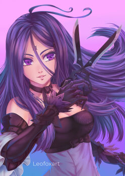  1girl absurdres artist_name black_bow bow breasts cleavage commentary detached_sleeves drag-on_dragoon drag-on_dragoon_3 english_commentary eyelashes facial_mark floating_hair forehead_mark gradient_background highres holding holding_scissors holding_weapon leofoxart medium_breasts parted_lips pink_background pink_lips purple_background purple_eyes purple_hair scissors smile solo standing three_(drag-on_dragoon) twitter_username two-tone_background upper_body weapon 