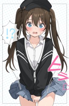  !? 1girl black_hat blue_eyes blue_skirt blush brown_hair collarbone collared_shirt commentary_request cowboy_shot daito_(daitooekakiaka) hair_between_eyes hat highres long_hair long_sleeves looking_at_viewer love_live! love_live!_nijigasaki_high_school_idol_club miniskirt official_alternate_costume official_alternate_hairstyle open_mouth osaka_shizuku peanut_mouth plaid_clothes plaid_skirt pleated_skirt polka_dot polka_dot_background shirt sidelocks skirt skirt_tug solo sweatdrop twintails white_shirt 