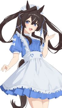 1girl absurdres alternate_costume animal_ears apron black_hair black_tail blue_dress blue_eyes blush bow bright_pupils cidersour commentary_request dress enmaided frilled_straps hair_between_eyes hair_ribbon hand_up highres horse_ears horse_girl horse_tail looking_at_viewer maid mole mole_under_eye open_mouth puffy_short_sleeves puffy_sleeves ribbon short_sleeves simple_background smile solo tail umamusume vivlos_(umamusume) white_apron white_background white_bow white_headdress 