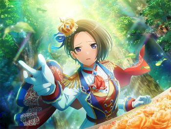  1girl ascot black_hair cape crown epaulettes flower forehead forest furrowed_brow game_cg gloves jacket long_sleeves looking_at_viewer minase_suzu mini_crown nature official_art parted_lips purple_eyes reaching reaching_towards_viewer red_ascot red_cape red_vest rose short_hair shoujo_kageki_revue_starlight shoujo_kageki_revue_starlight_-re_live- snow_white_(fairy_tale) solo tree upper_body vest waistcoat white_gloves white_jacket 