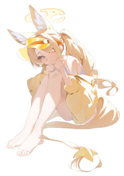  1girl absurdres animal_ear_fluff animal_ears barefoot blue_archive blush chinese_commentary commentary_request full_body halo highres jacket knees_up long_hair open_clothes open_jacket seia_(blue_archive) seia_(swimsuit)_(blue_archive) simple_background sitting solo summer_(724788381) tail very_long_hair visor_cap white_background yellow_jacket  rating:Sensitive score:11 user:danbooru