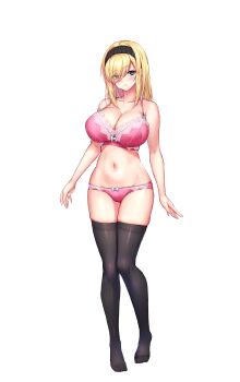  1girl absurdres bare_arms bare_hips black_hairband black_thighhighs blonde_hair blue_eyes bow bow_panties bra breasts cleavage closed_mouth collarbone commentary_request commission dot_nose expressionless eyes_visible_through_hair full_body groin hair_over_one_eye hairband highres knees_together_feet_apart lace lace_bra lace_panties large_breasts looking_at_viewer navel open_hands original panties rurimiya_marika second-party_source solo standing thighhighs toriatto_gununu transparent_background underwear underwear_only 