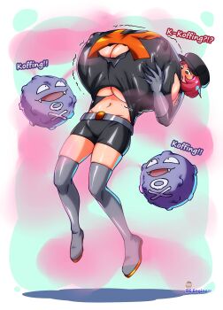 1girl be_engineer belt blush boots breast_expansion breasts cleavage covered_erect_nipples female_focus floating full_body gen_1_pokemon gigantic_breasts gloves hat highres inflation koffing navel nintendo pink_hair pokemon pokemon_hgss short_hair short_shorts shorts team_rocket_grunt thigh_boots torn_clothes