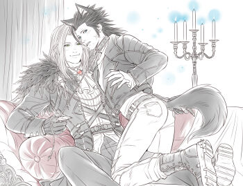  2boys animal_collar animal_ears ascot black_boots black_hair black_jacket black_pants boots candlestand closed_mouth collar commentary cross_scar crylin6 dog_ears dog_tail english_commentary facial_scar feather_trim final_fantasy final_fantasy_vii final_fantasy_vii:_ever_crisis fingernails gem grey_hair hair_slicked_back holding holding_another's_tail holding_leash jacket kemonomimi_mode leash long_hair male_focus medium_hair multiple_boys official_alternate_costume pants parted_bangs parted_lips red_gemstone scar scar_on_cheek scar_on_face sephiroth sephiroth_(dark_harbinger) sharp_fingernails sideburns smile tail white_ascot white_pants yaoi zack_fair zack_fair_(black_hound) 