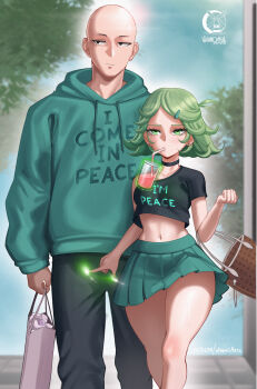  1boy 1girl absurdres ahoge bag baggy_pants bald black_choker brand_name_imitation casual choker clothes_writing couple crop_top cup drink drinking_straw earrings elbow_carry english_text green_hair green_hoodie hair_ornament hairclip handbag highres hood hoodie jewelry light_smile looking_at_viewer looking_to_the_side midriff miniskirt one-punch_man pants road saitama_(one-punch_man) shopping_bag skirt street streetwear stud_earrings sweatdrop tatsumaki tree walking_towards_viewer windmill_(windmillg)  rating:Sensitive score:128 user:danbooru