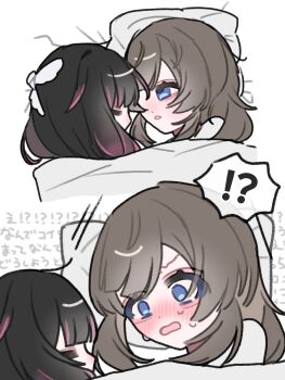  22_rink 2girls black_hair blue_eyes blush brown_hair columbina_(genshin_impact) commentary_request genshin_impact highres long_hair morning_after multiple_girls parted_lips pillow purple_streaks sandrone_(genshin_impact) sleeping sweat translation_request under_covers yuri 