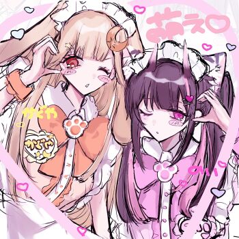  1boy 1girl animal animal_ears black_hair blonde_hair bow cho_kaguya-hime! collared_shirt commentary_request crossdressing crossdressing_(mtf) hair_ornament hairclip hairpin half-heart_hands heart highres hirunechamu horns kaguya_(cho_kaguya-hime!) komazawa_noi matching_outfits multiple_hairpins one_eye_closed orange_bow paw_print pink_bow pink_eyes pink_streaks rabbit_ears red_eyes shirt twintails 