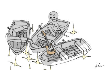  1girl absurdres amplifier barefoot boat cable commentary electric_guitar greyscale guitar highres instrument kaduise monochrome original rowboat short_hair signature sitting solo sparkle spot_color watercraft 