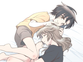  2boys aged_down alternate_universe black_hair black_shirt brown_eyes brown_hair commentary_request finger_to_mouth hand_on_another's_head index_finger_raised long_hair looking_at_viewer lying makabe_kazuki male_focus minashiro_soushi multiple_boys nagi_(exsit00) on_bed on_side orange_shirt shirt short_hair shorts shushing sleeping smile soukyuu_no_fafner 