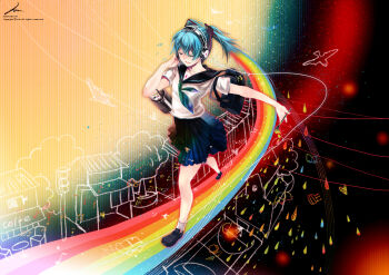  1girl aqua_hair art_brush bad_id bad_pixiv_id bag closed_eyes female_focus hatsune_miku headphones kaninn musical_note paintbrush rainbow rainbow_path school_bag school_uniform serafuku short_hair smile solo vocaloid walking 