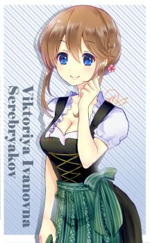  1girl apron black_dress blue_background blue_eyes border bow breasts brown_hair character_name cleavage clenched_hand closed_mouth commentary_request cowboy_shot dated dress floral_print flower gem german_clothes green_apron green_bow hair_between_eyes hair_flower hair_ornament hand_up highres large_breasts looking_at_viewer outside_border pearl_(gemstone) pinafore_dress pink_flower puffy_short_sleeves puffy_sleeves shadow shirt short_hair short_sleeves sidelocks sleeveless sleeveless_dress smile solo standing striped_background twitter_username viktoriya_ivanovna_serebryakov waist_apron white_border white_shirt youda_(seravichacha) youjo_senki 