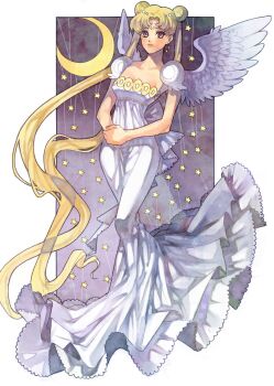  1990s_(style) 1girl angel_wings arutera bad_id bad_pixiv_id bishoujo_senshi_sailor_moon blonde_hair crescent crescent_facial_mark crescent_moon double_bun dress facial_mark female_focus forehead_mark full_body gown grey_eyes hair_bun highres long_hair moon own_hands_together princess princess_serenity puffy_sleeves purple_background retro_artstyle smile solo star_(symbol) star_symbol_background thighs tsukino_usagi twintails very_long_hair white_dress wings  rating:Sensitive score:20 user:danbooru