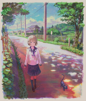  1girl animal black_cat black_shoes black_socks blonde_hair blue_eyes blue_neckerchief blue_skirt blue_sky building cat closed_mouth cloud expressionless feel_(nasitaki) fence highres loafers long_sleeves looking_at_viewer neckerchief original outdoors pleated_skirt power_lines road sailor_collar scenery school_uniform serafuku shirt shoes short_hair skirt sky socks standing tree utility_pole white_sailor_collar white_shirt  rating:General score:9 user:danbooru